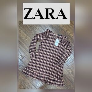 Discounted Zara Women's Checkered Long Sleeve Blouse - Black and Brown NWT Small